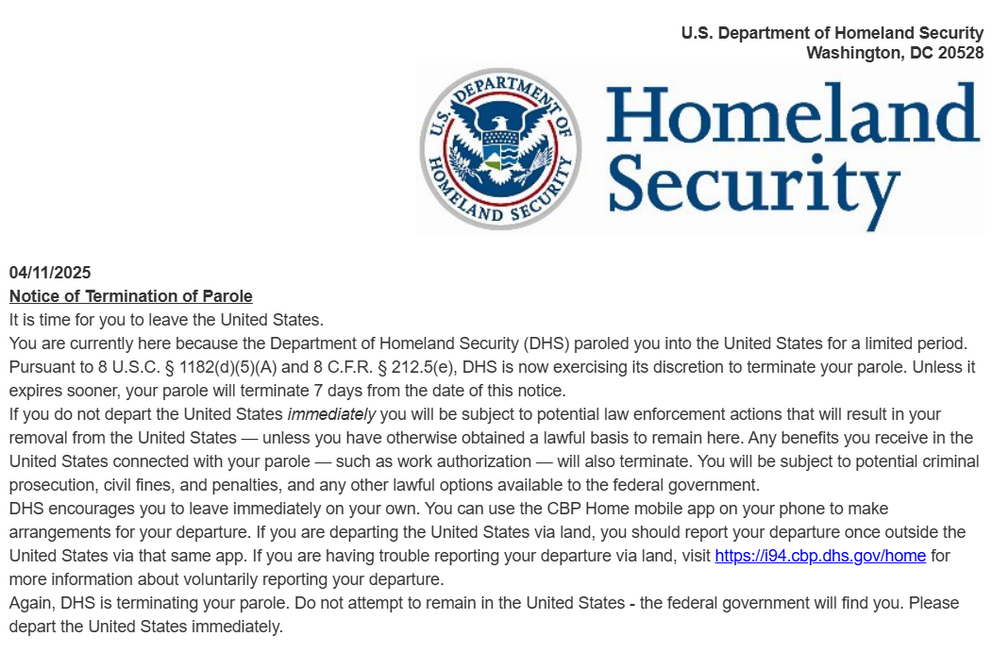 screen grab of an email from the Department of Homeland Security