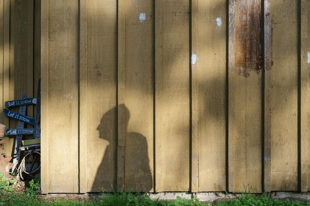 A shadow of a person is seen against a fence with lots of spackle on its boards.