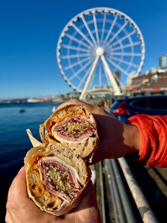 Sandwiches in front of the Seattle Great Wheel