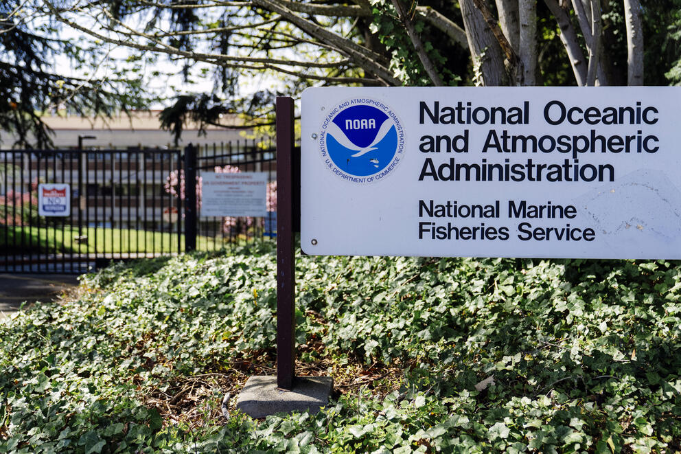 A sign that says "National Oceanic and Atmospheric Administration National Marine Fisheries Service"