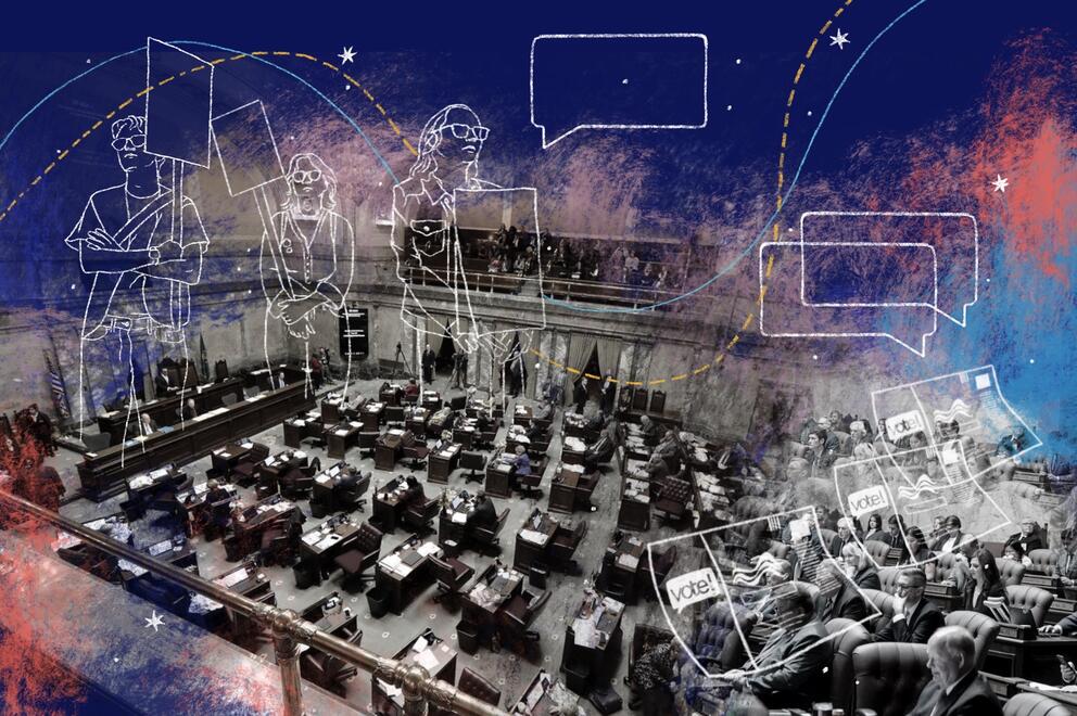 An illustration of the floor of the state legislature