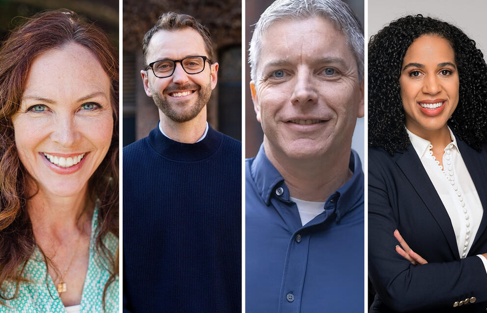 candidate headshots from left to right: a white woman, a white man, a second white man, a Black woman