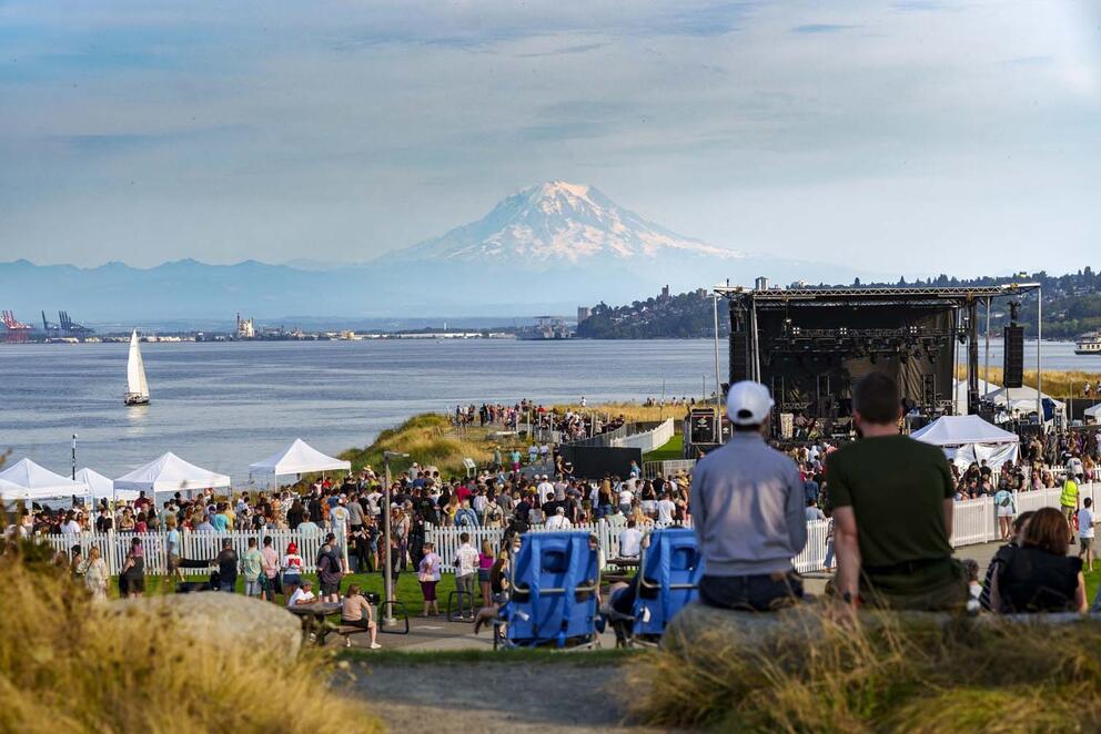 photo of an outdoor concert venue on a hillside; in the distance is a body of water and a huge snowy mountain