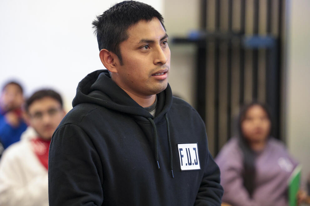 Alfredo "Lelo" Juarez is seen wearing a black hoodie with the letters "FUJ" -- which stands for Familias Unidas por La Justicia, which he helped found.