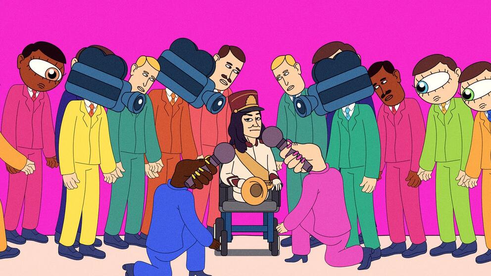 colorful cartoon image of a woman without legs surrounded by people and cameras