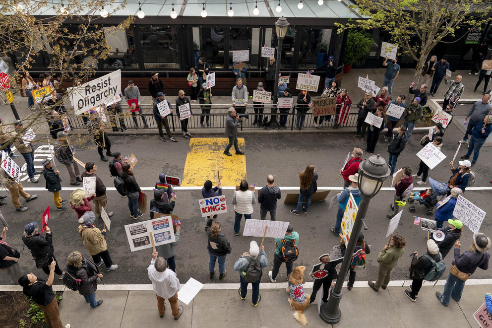 A protest seen from the top down. Dozens of people gather in a street.