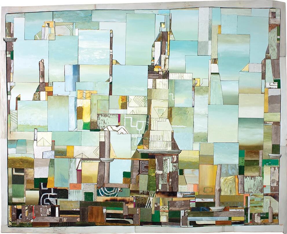 A large abstract painting featuring smaller textured rectangles layer atop one another