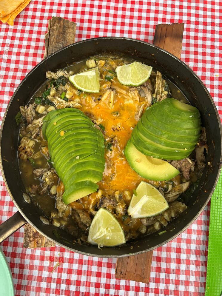 A skilled with chicken, avocado and melted cheese on a gingham cloth