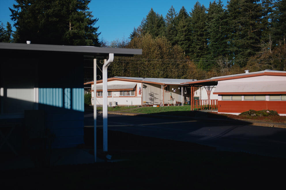 A view of three homes inside Western Plaza Senior Mobile Home Park in Tumwater, Washington.