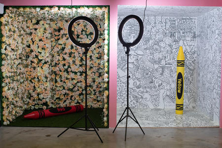 Two empty rooms, one decorated with roses, another with black and white drawings, and two "selfie" ring lamps.