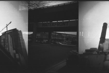 Triptych of a view beneath Seattle's Alaskan Way Viaduct