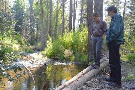 Scott Nicolai, a Yakama Nation habitat biologist, and Dave Morrow, a local landowner, observe juvenile fish in the stream they restored together.