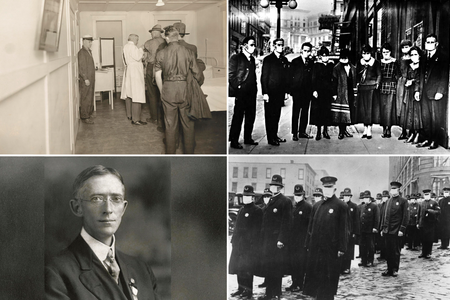 Four archival pictures: People lining up for vaccines, people posing with face masks, police in face masks, and Dr. T.D. Tuttle
