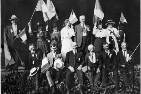 black and white photo of patriotic revelers in woodland park
