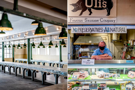 Double image of an empty Pike Place market and a vendor with a facemask