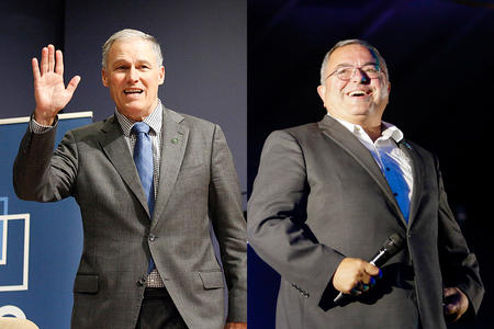 Jay Inslee at left, Loren Culp at right