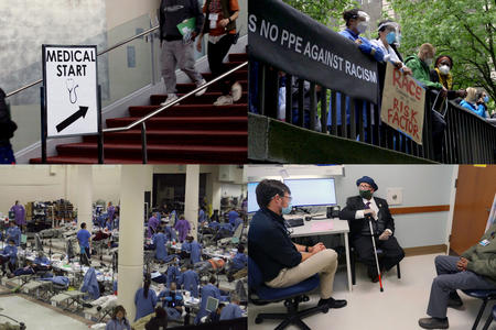 Four photos: People walking up stairs, a crowd of protesters holding signs reading "Race shouldn't be a risk factor" over a railing, three men in a doctor's office, and medical professionals treating patients