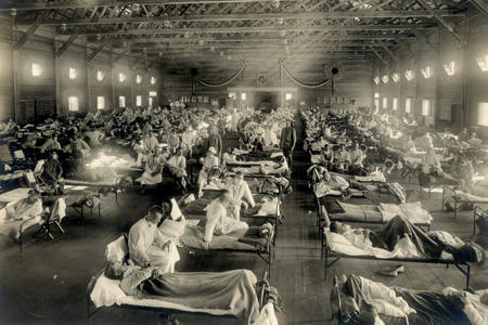 an ample sized room with patients in beds being treated by hospital staff
