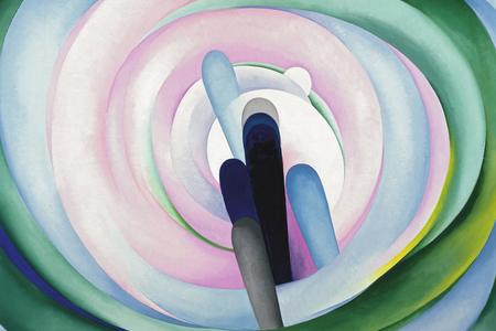 Abstract painting with swirling greens and pastel pink