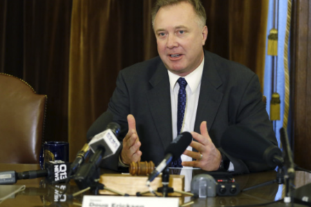 Washington Sen. Doug Ericksen, R-Ferndale, talks to reporters Feb. 2, 2017 at the Capitol in Olympia. (AP Photo/Ted S. Warren)