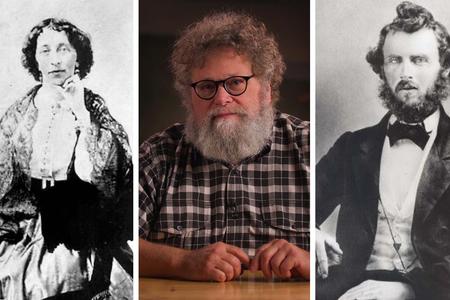 Host Knute Berger is flanked by portraits of Lizzie Ordway and Asa Mercer.