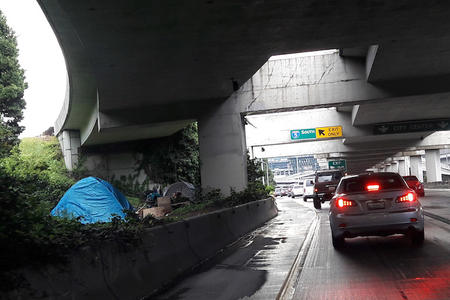 Tents by the side of I-5 in Seattle