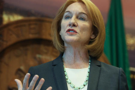 Mayor Jenny Durkan speaks at a press conference in early December. Credit: Matt M. McKnight/Crosscut