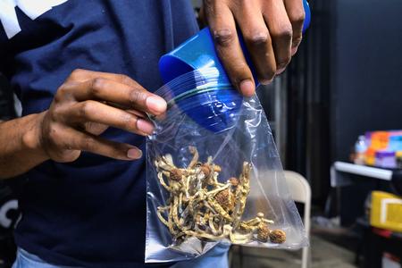 A man scoops mushrooms out of a clear baggie.