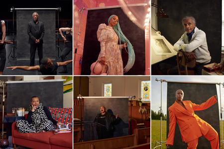 Six photos of featured artists in various locations