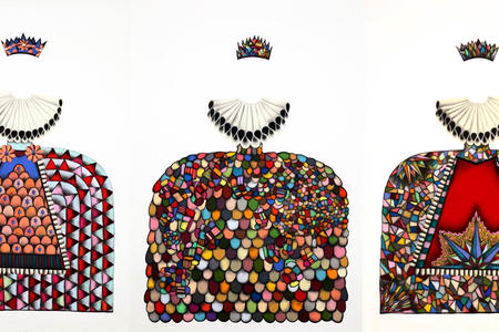 Three pieces in the series "The Ghost Queens," by Seattle artist Elizabeth Jameson at Bellevue Art Museum