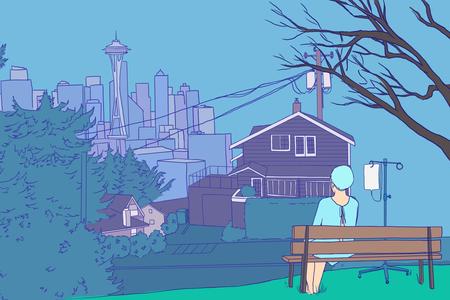 illustration of a woman in hospital gown on a bench outdoors