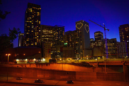 Seattle skyline with a building's lights in the shape of a heart