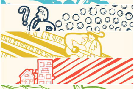 Illustrations, clockwise from upper left: an orca, guitar player, city buildings, man with question marks