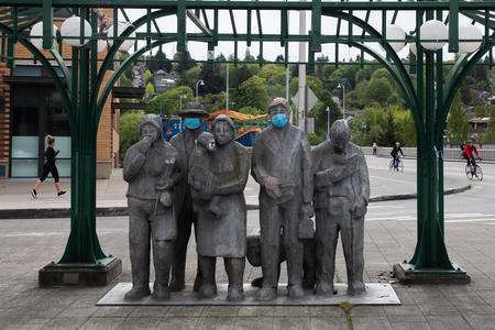 sculpture covered in facemasks in Fremont neighborhood