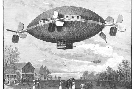black and white illustration of a dirigible