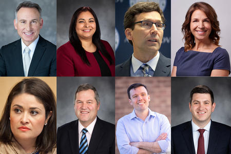 Top row, from left: Dow Constantine, Manka Dhingra, Bob Ferguson, Hilary Franz. Bottom row, from left: Lorena González, J.T. Wilcox, Noah Purcell, Drew Stokesbary.
