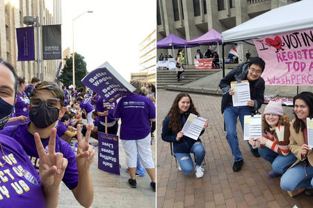 In a two-part photos, activists face the camera