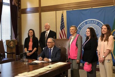 From left to right: Chalee Batungbacal (WDFW), David Whipple, (Hunter education division manager, WDFW), Gov. Jay Inslee, Sen. Lynda Wilson, Amber Hardtke (Legislative assistant to Sen. Lynda Wilson), Inna VanMatre (Intern, Sen. Lynda Wilson's office). (Photo courtesy of Washington Department of Fish and Wildlife)