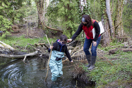 people wading through a pond in a forest