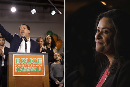 Two photos: Bruce Harrell at a podium with his family and friends, and Lorena González