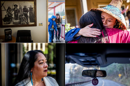 Four photos: Someone helping an elder through a door, Fawn Sharp hugging someone, Abigail Echohawk, and someone looking into a rearview mirror