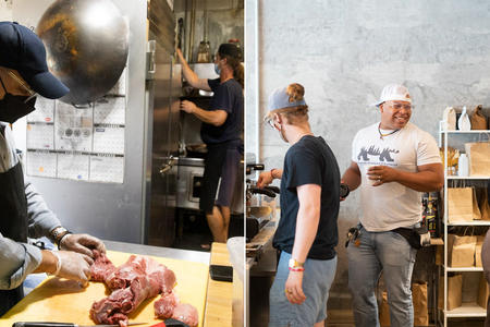 Two photos: 1) Wali Khairzada, owner of Kabul Restaurant, slicing meat, and 2) Quincy Henry, owner of Campfire Coffee, laughs with his employees