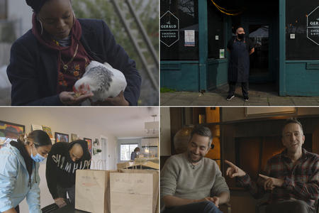 Four photos from top left: Nyema Clark hand-feeds a chicken, chef Wes Yoo outside The Gerald, Brian and Mark Canlis laughing, and WA BLOC volunteers packing groceries.