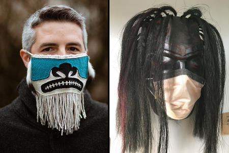 a man wearing a woven mask next to a wooden mask wearing a covid mask