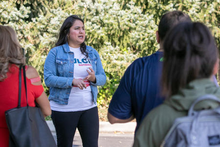 Democrat candidate Dulce Gutierrez talking to supporters