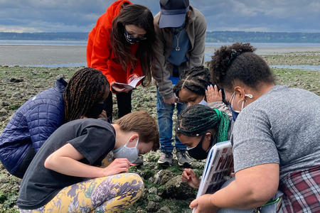 Six people gathered around a tide pool