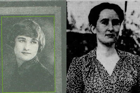 Two black and white photos of a young woman with short dark hair