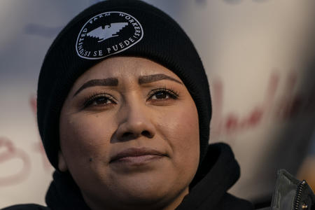 close up of Daniela Leon's face at worker demonstration 