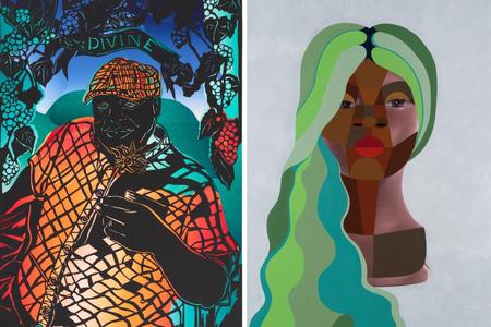 Side by side of two artworks, one features a collage of paper cut dark paper, seemingly lit from behind with orange and blue. On the right, a digital collage featuring a Black woman with wavy green hair that is painted.