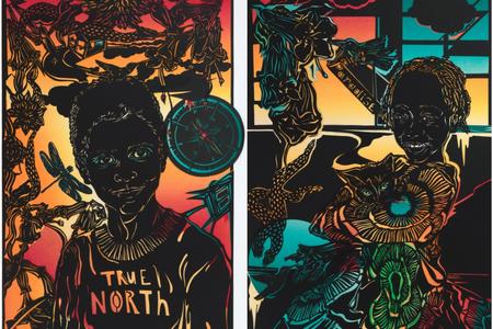Two vertical artworks, side by side, of kids rendered in cut outs of black paper on orange, yellow and blue background